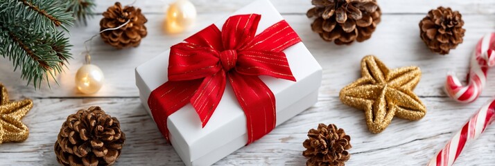 Festive Christmas gift wrapped on a white wooden table with ornaments and candy canes