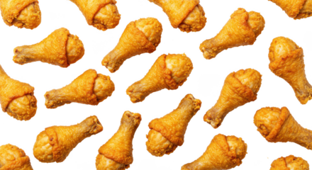 A repeating pattern of crispy fried chicken drumsticks on a transparent background for food presentation