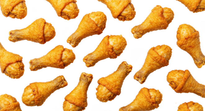 A repeating pattern of crispy fried chicken drumsticks on a transparent background for food presentation