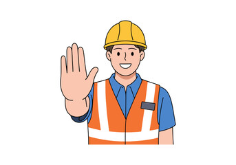 Smiling construction worker signals stop with a hand gesture.