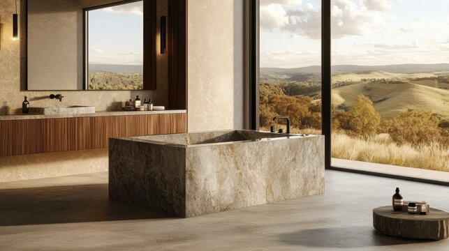 Wide rectangular tiles in sandy beige with minimal seams, emphasizing the block's universal appeal