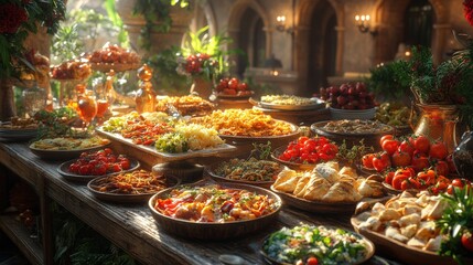 Abundant medieval feast displayed on a wooden table with rich decor and soft ambient lighting