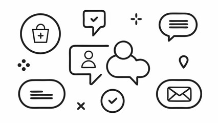 Editable Icons Set of Social Media Elements in Line Style Including Interaction Features Such as Likes Messages and Shares for UI and Marketing Projects