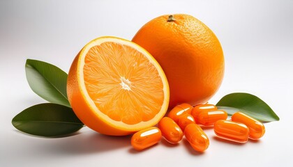 Fototapeta premium Fresh Orange Fruit with Capsules on Minimal White Background