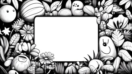 Whimsical black and white graphic design with a blank central rectangle, surrounded by diverse cartoon plants, fruits and creatures