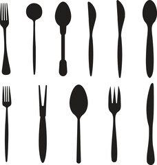 Spoon, Knife, Fork vector silhouette icon set, dinning table essentials clipart design
