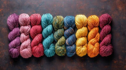 Colorful yarn skeins are neatly arranged on a dark, textured surface. It's great for knitting, crafts, or creative projects about fiber art.