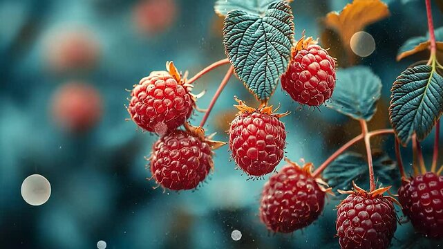 Fresh raspberries on a branch in a garden, vibrant colors, bokeh background, food photography, nature