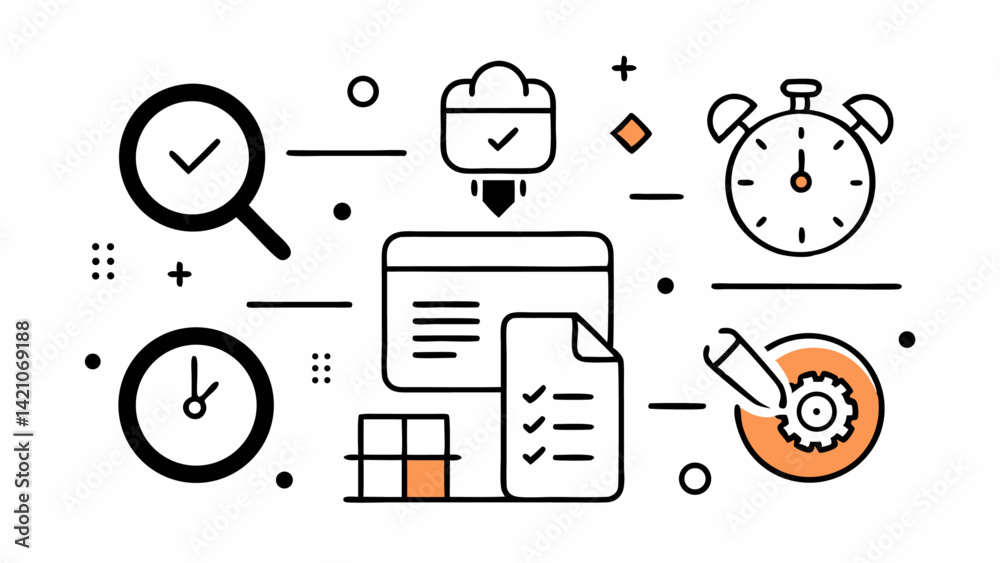 Poster time management editable icon set in line vector style showcasing productivity scheduling routines d