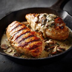 Perfectly Grilled Chicken Breast with Creamy Mushroom Sauce in Cast Iron Skillet