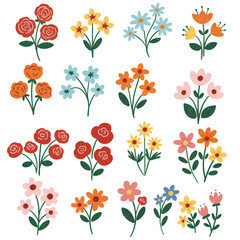 Set of spring colorful flowers. Set of floral branch. Isolated on white for greeting cards, Easter, thanksgiving. Spring set, hand drawn elements.