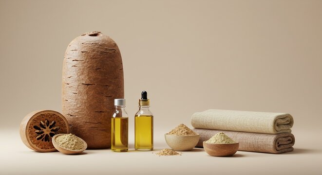 Baobab Derivative Product Mockup Displaying Distinctive Trunk Texture with Seeds Oils and Towels on Neutral Background For Product Promotion