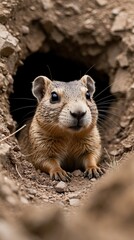 Prairie dog peering out from its burrow in a natural habitat during daytime