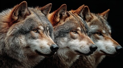 Obraz premium Close-Up Portrait of Three Wolves Side by Side, Profile View, Black Background