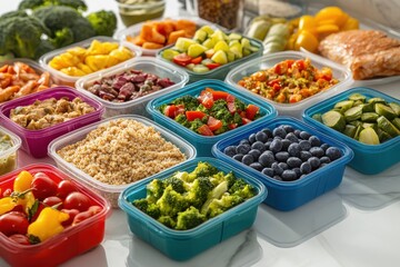 Obraz premium Colorful meal prep containers filled with various healthy foods.
