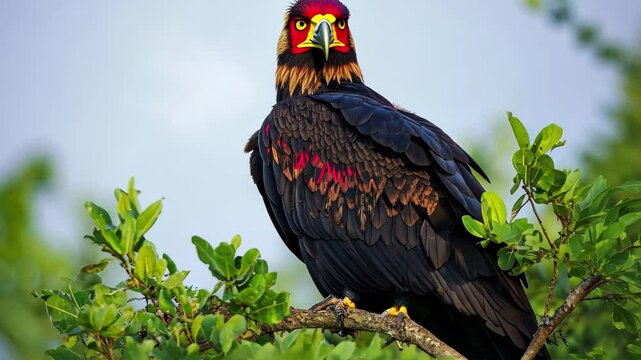 Bateleur eagle perched on a tree branch in Tsavo West National Park during golden hour, A bateleur eagle rests in a tree in the Tsavo West Game Reserve