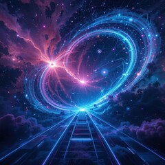 Naklejka premium A mesmerizing blue and purple galaxy swirls majestically, dotted with countless shimmering stars that twinkle against the deep cosmic backdrop, creating a breathtaking celestial scene.