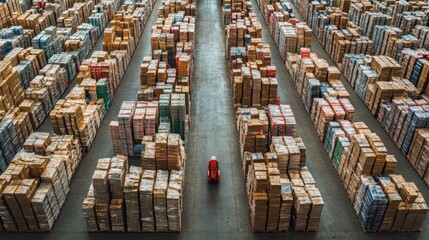 Aerial View of a Massive Warehouse Filled with Cardboard Boxes and a Single Forklift