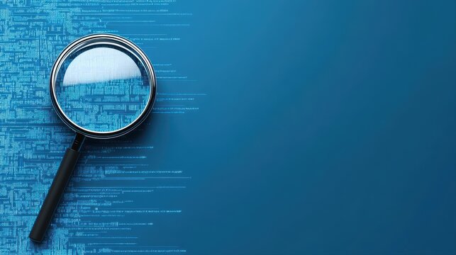 A magnifying glass reveals a complex digital code pattern on a deep blue background, representing data analysis and cybersecurity in a modern tech landscape.