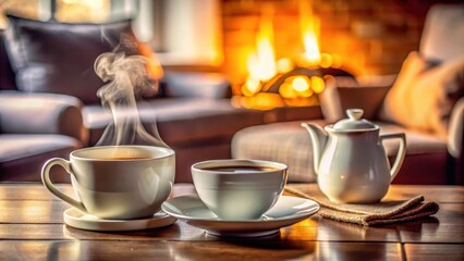 Obraz premium A steaming cup of coffee with a saucer and sugar and creamer on a table in a cozy living room, warm, tableware, warm, tableware,food