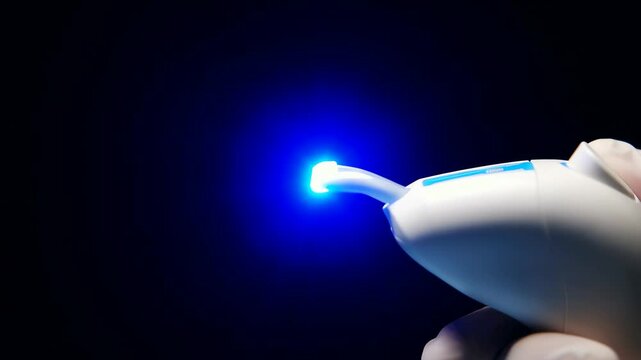 Shot shows emitting tip of dental curing light wand pulsing intense, focused blue light once against a dark background