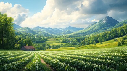 Naklejka premium Serene Mountain Valley Farmland: A Picturesque Landscape