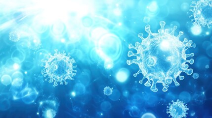 Naklejka premium Abstract blue background showcases a microscopic view of multiple virus particles, suggesting infectious disease and pandemic themes with bright light effects.