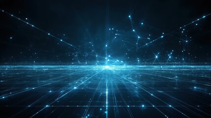 Abstract futuristic technology background featu glowing network nodes and lines connecting across a deep blue grid, evoking connectivity and innovation.