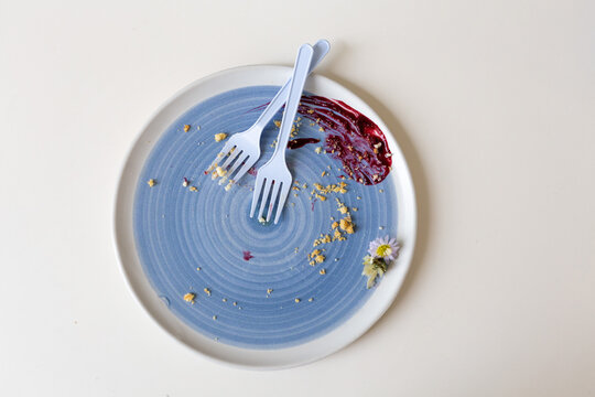 Dirty ceramic plate with strawberry sauce stains and cake crumbs and fork on table in cafe.Top view.