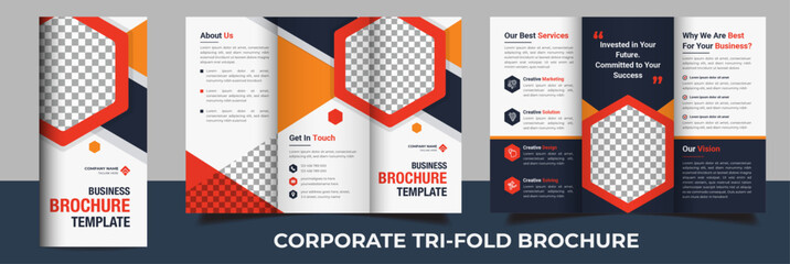 Corporate business trifold brochure template layout with red yellow elements for agency company marketing promotion 
