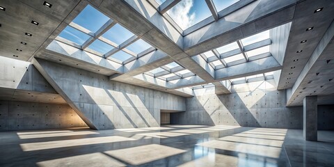 Fototapeta premium Modern concrete architectural interior design features geometric shapes and abstract patterns with natural light pouring in through skylights, architecture, abstractions