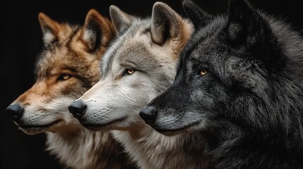 Obraz premium Close-Up Portrait of Three Wolves Side by Side, Profile View, Black Background