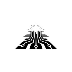 Circuit Board Sunrise: Abstract Technology Logo, Monochrome, Modern