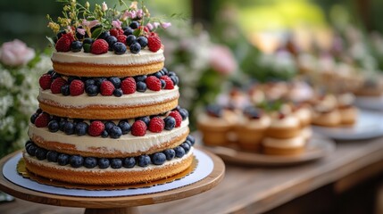 Three-tiered cake adorned with fresh berries and flowers at a garden celebration, surrounded by desserts
