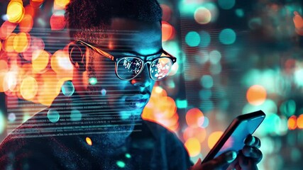 Data processing by biracial man using smartphone in vibrant digital atmosphere, data processing over biracail man using smartphone - Powered by Adobe