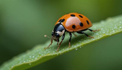 Fototapeta premium Ladybug on Dew-Covered Leaf: A close-up photo of a vibrant ladybug, its red shell dotted with black spots, perched on a glistening, dew-covered leaf.