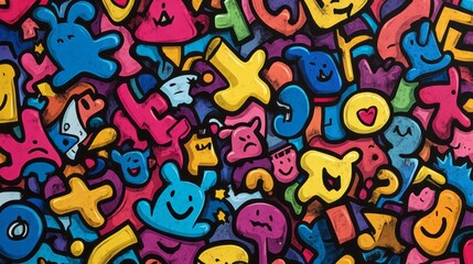 Vibrant and colorful abstract cartoon figures fill the entire frame