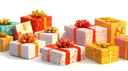 A collection of red and white gift wrapped presents with a red and gold ribbon bows isolated against a transp
