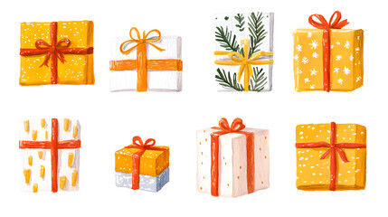 A collection of red and white gift wrapped presents with a red and gold ribbon bows isolated against a transp