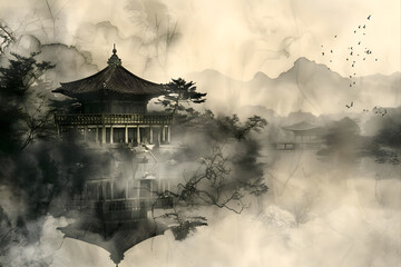 Traditional Korean House in Ink Wash Style Landscape - Time and Tranquility