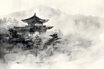 Traditional Korean House in Ink Wash Style Landscape - Time and Tranquility