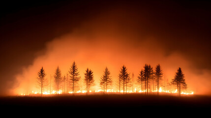 Silhouette of Trees Burning in a Nighttime Wildfire