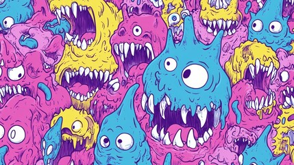 Fototapeta premium Colorful cartoon monsters are crowded together in an illustrative style
