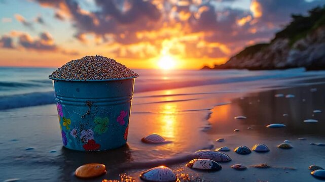 Colorful beach pail with sand at sunset