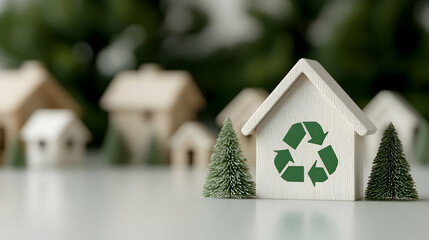 Naklejka premium White Model House with Green Recycling Symbol among Miniature Houses and Trees