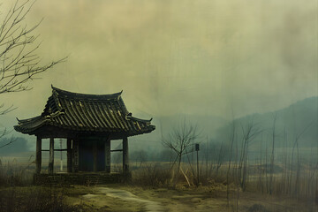 Traditional Korean House in Ink Wash Style Landscape - Time and Tranquility