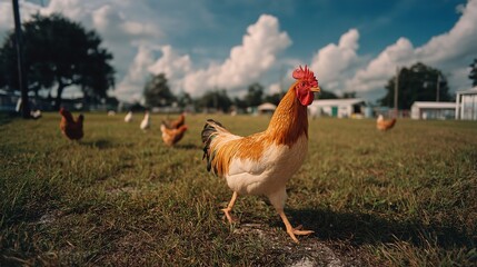Fototapeta premium Farm Rooster in Foreground with Flock of Chickens and Lush Green Grass Under Sunny Florida Sky – Countryside Livestock Concept