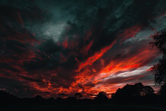Dramatic sunset sky with fiery clouds