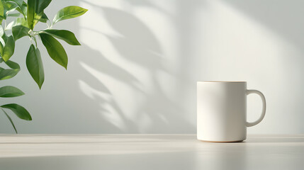 White Mug and Green Plant in Sunlight on a Light Wood Table