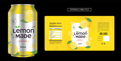 Lemon drink label design, lemon juice soft drink label design. Soda can vector Energy drink label design. Fruit juice label template design